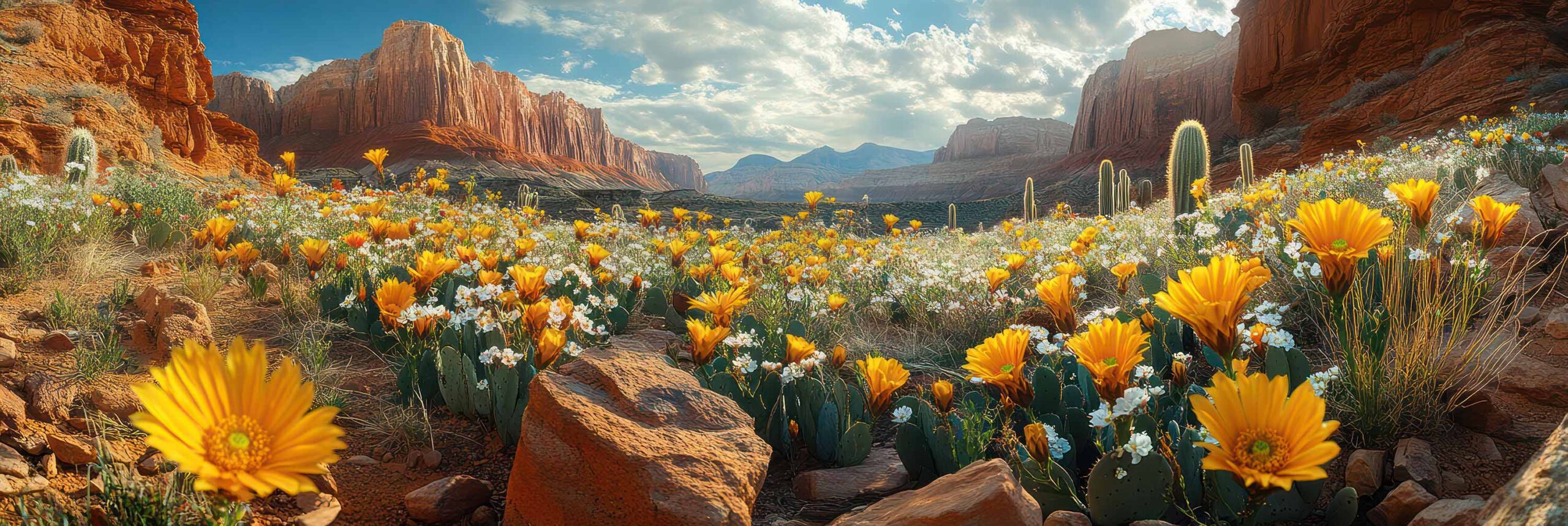 panoramic view of a canyon with wildflowers