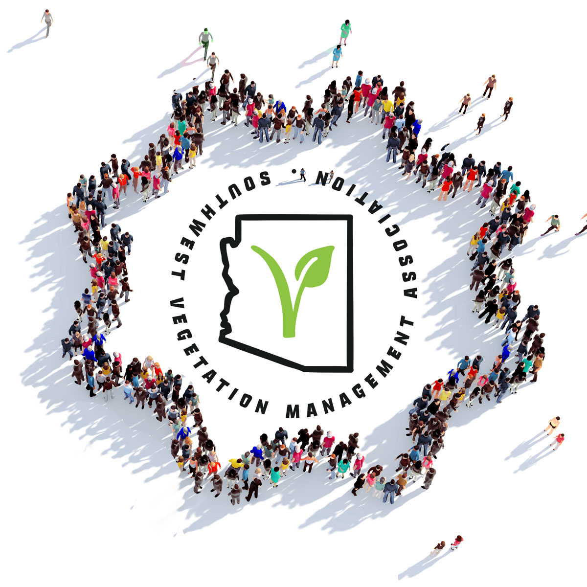 crowds of people in the shape of a cog standing on the SWVMA logo seal